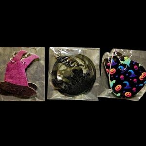 Faux Leather Halloween Witches Hat, Graveyard,Ghost Earrings- Set of 3